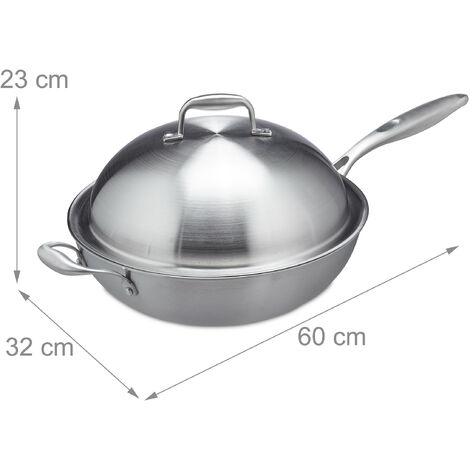 Relaxdays Stainless Steel Wok - 32cm Uncoated Stir Fry Pan With Lid