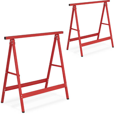 Relaxdays Set of 2 Sawhorses, Folding, 100 kg, 75 x 78 x 40 cm, Multipurpose Workbench, Builder's Trestle, Steel, Red (1/5)