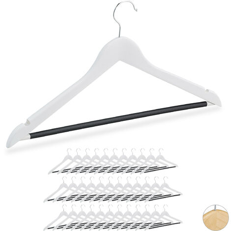 36 x Coat Hangers, Tops, Trousers & Skirts, Notches, Rubberised Trouser Bar,  Stable, Wooden, White