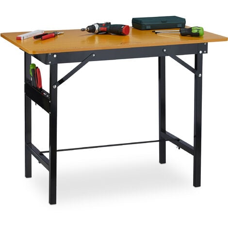 Relaxdays Workbench, Foldable, Up to 100 kg, Integrated Ruler and Protractor, H x W x D: 76 x 100 x 60 cm, Natural/Black