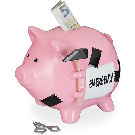 Relaxdays Piggy Bank, Ceramic, with Hammer, "Emergency" Inscription, Lockable Money Box, HxWxD 14.5 x 15.5 x 20 cm, Pink (1/5)