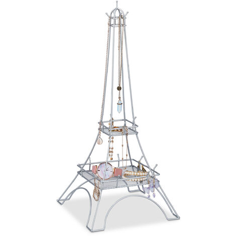 Relaxdays Jewellery Stand, Eiffel Tower, Chains, Rings & Bracelets, H x W x D: 47 x 21 x 21 cm, Metal, Silver