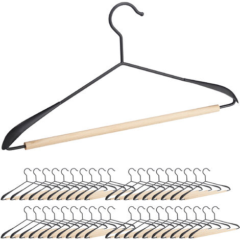 40 x Coat Hanger, with Trouser Bar, T-shirts, Jackets, Wood & Metal, 43 cm  wide, Set, Black