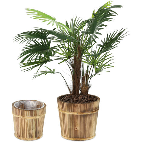 Relaxdays 2x Round Wooden Flowerpots, with Ø: 24 & 19 cm, Weatherproof, Garden, Balcony and Windowsill, Firwood, Natural (1/5)