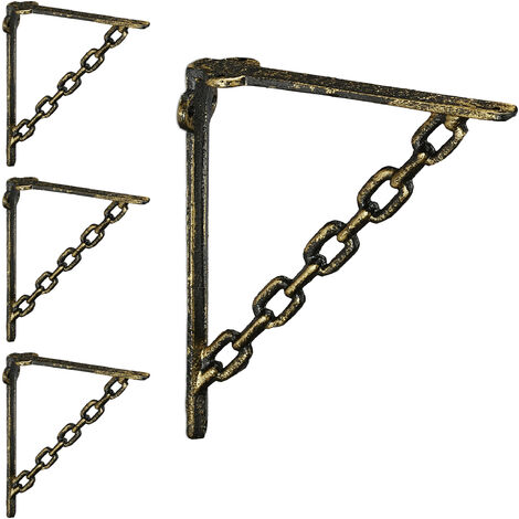 Relaxdays Set 4x Shelf Brackets, Cast Iron, Rack Support, Chain Motif, HWD: 18 x 4 x 21.5 cm, Angle for Shelves, Bronze