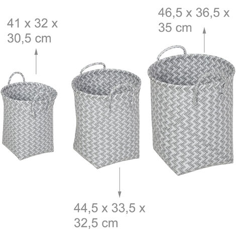Relaxdays Laundry Basket, Set of 3, Storage Baskets, 3 Sizes, Woven Storage Basket, Handles, Toy Basket, Plastic, Grey