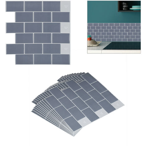 Relaxdays Tile Stickers, Set of 10, Self-Adhesive, Kitchen & Bathroom, 30.5 x 30.5 cm, 3D, Subway, Underground, Grey