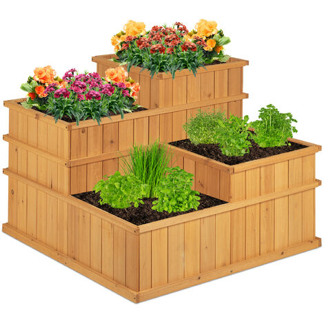 Relaxdays Raised Flowerbed, Tiered, 4 Planter Boxes, Herbs, Garden, Balcony, Terrace, Wooden, HWD: 61x81x81 cm, Natural (1/5)
