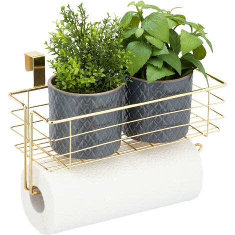 Relaxdays Set of 10 Hanging Baskets, with Roll or Towel Holders, for Kitchen & Bathroom, Metal, HWD: 18x31x17 cm, Gold