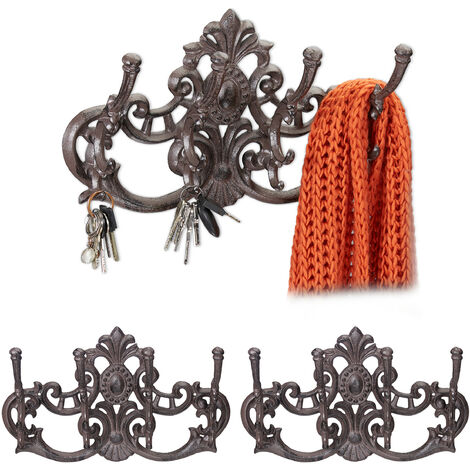 Relaxdays Set of 3 Wall-Mounted Coat Racks, 4 Hooks, Cast Iron, Country  House Style, H x W x D: 20.5x34x12.5 cm, Brown