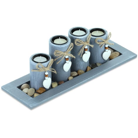 Relaxdays Tealight Holder Set with Tray & Pebbles, 39.5 cm, Table  Centrepiece, Dining Room, Candle Glasses, Grey