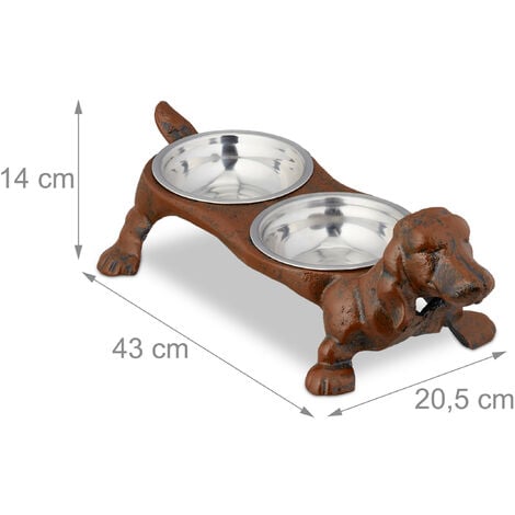 Rustic Cast Iron Dachshund Hot Dog Design Small Pet Feeder with 2