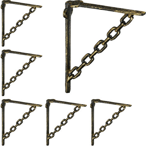 Relaxdays Set 6x Shelf Brackets, Cast Iron, Rack Support, Chain Motif, HWD: 18 x 4 x 21.5 cm, Angle for Shelves, Bronze