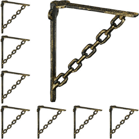 Relaxdays Set 8x Shelf Brackets, Cast Iron, Rack Support, Chain Motif, HWD: 18 x 4 x 21.5 cm, Angle for Shelves, Bronze