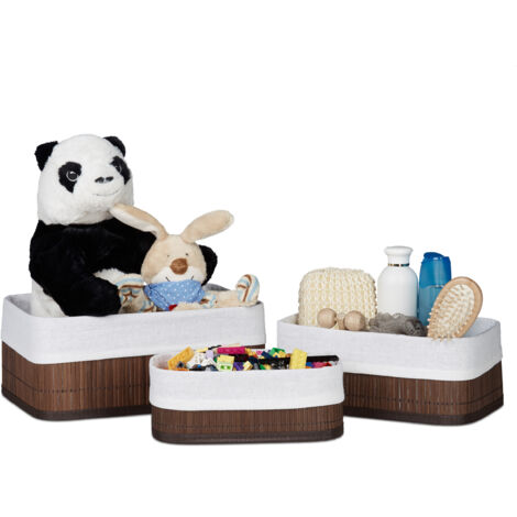 Relaxdays Storage Basket 2 Sets of 3, Fabric Lining, Bamboo, Rectangular, Bathroom & Bedroom Accessories, Toys, Brown