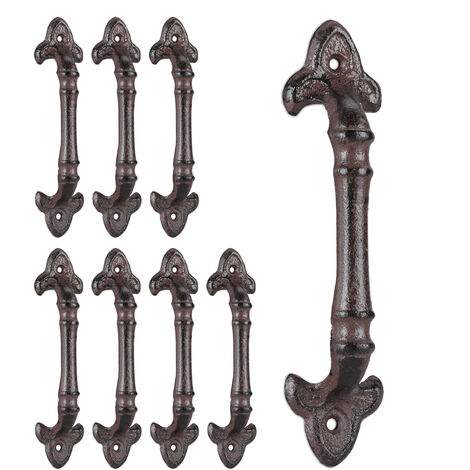 Relaxdays 8x Vintage Furniture Handles, Antique Door Grips for Cupboards, Drawers, Cast Iron, HWD: 20x4.5x4 cm, Brown