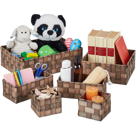 Relaxdays 6x Storage Baskets, in 4 Sizes, Wooden Look, Woven, for Wardrobe & Shelves, Plastic, 10.5x35.5x26 cm, Brown (1/5)