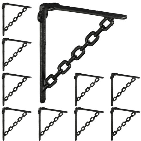 Relaxdays Set 10x Shelf Brackets, Cast Iron, Rack Support, Chain Motif, HWD: 18 x 4 x 21.5 cm, Angle for Shelves, Black