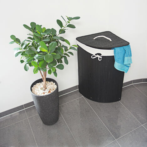 Relaxdays 3x Corner Laundry Baskets Bamboo, Foldable Bin 60 L,  Space-saving, Cotton Bag, HxWxD: 65