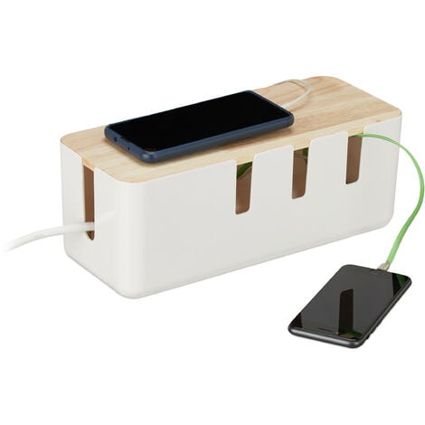 Relaxdays Cable Box, for 2 Socket Strips, Wooden Lid, Plastic, Hide, Organise Desk, HxWxD: 11.5 x 30.5 x 12.5 cm, White