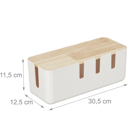Relaxdays Cable Box, for 2 Socket Strips, Wooden Lid, Plastic, Hide, Organise Desk, HxWxD: 11.5 x 30.5 x 12.5 cm, White
