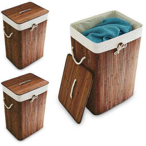 Relaxdays, Set 3x Bamboo Laundry Basket, with Lid, Rectangular, XL, 83L, Foldable Bin, HWD: 65.5 x 43.5 x 33.5cm, Brown