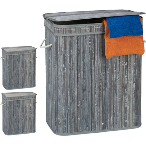 Relaxdays 3x Bamboo Laundry Baskets, Rectangular Hamper, 2 Compartments,  with Lid, foldable, 95l, 63x55x35 cm, Grey