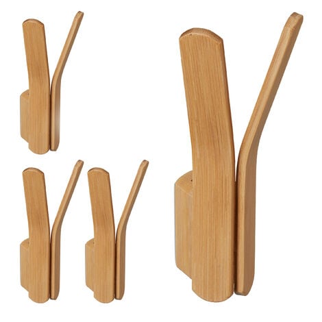 Relaxdays 4x Double Wall Hooks Bamboo, Wall-Mounting, Coat Hangers