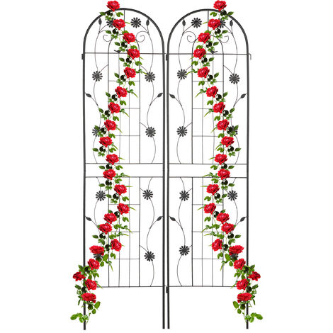 Relaxdays Garden Trellis, Set of 2, HxW 200 x 50 cm, Metal, Support for Climbing Plants, Ground Stake, Rose Frame, Black