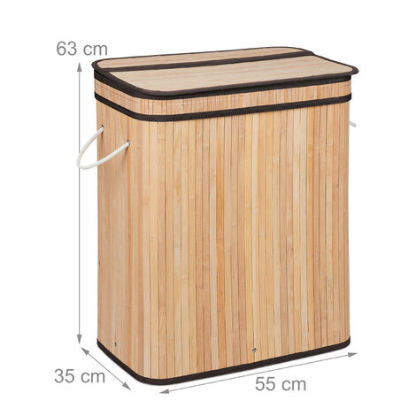 Relaxdays Bamboo Laundry Basket, Clothes Container, 3 Compartments,  Folding, Rectangular Basket, 63 x 55 x 35cm