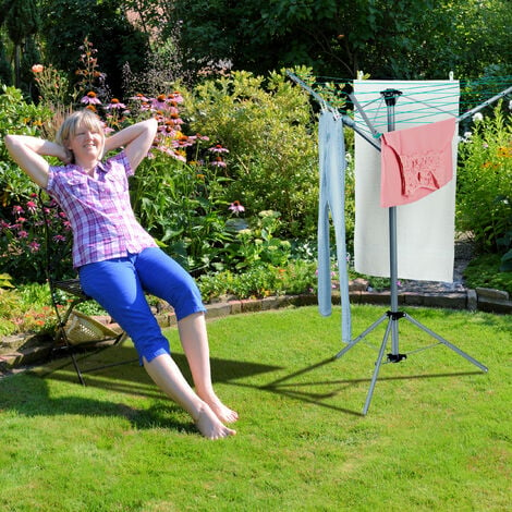 Relaxdays Washing Line, Rotating Clothes Dryer with Stand, 15m Length, Outdoor  Laundry Spinner, Height: 140 cm