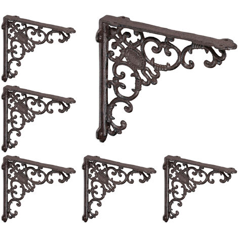 Relaxdays 6x Shelf Brackets, Cast Iron, Rack Support, Vintage Motif, HxWxD: 21.5 x 4 x 21.5 cm, Angle for Shelves, Brown