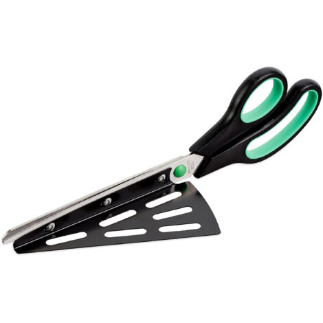 Relaxdays Pizza Scissors with Lifter, Set of 2, Stainless Steel Kitchen Blade, Dishwasher-Safe Pizza Cutter, Black/Green (1/5)