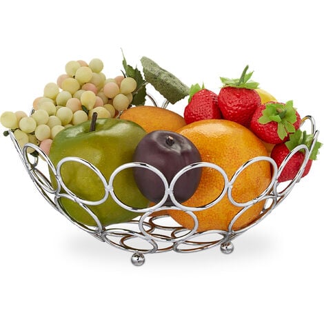 Relaxdays Fruit Bowl, Modern Basket, for Fruits, Vegetables & Bread, Round,  Kitchen Storage, Metal, 9 x 22.5 cm, Silver