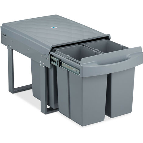 Relaxdays Built-in Waste Bin 4-Compartment, 8 l each, Pull-out Disposal Unit, Recycling, HxWxD: 35 x 33.5 x 51 cm, Grey (1/5)