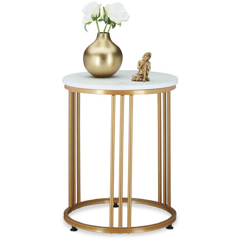 Relaxdays Side Table, Round, Marble Optic, H x W x D: 51 x 41 x 41 cm, White/Gold