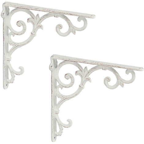 Relaxdays Set of 2 Shelf Brackets, Cast Iron, Rack Support, Vintage Motif, 24.5 x 4 x 24.5 cm, Angle for Shelves,White