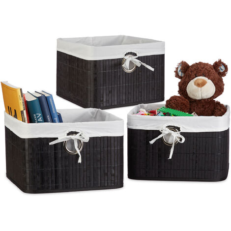 Set of 3 Relaxdays Storage Basket, Fabric Lining, Bamboo, Rectangular, Bathroom, Accessories, HxWxD: 20x31x31 cm Black