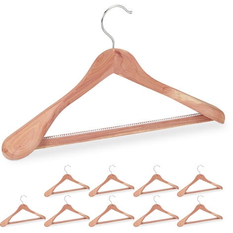 Set of 10 Relaxdays Cedarwood Suit Hangers, Mothproofing, Non-Slip &  Sturdy, Wide with Pants Rail, 45 cm, Natural