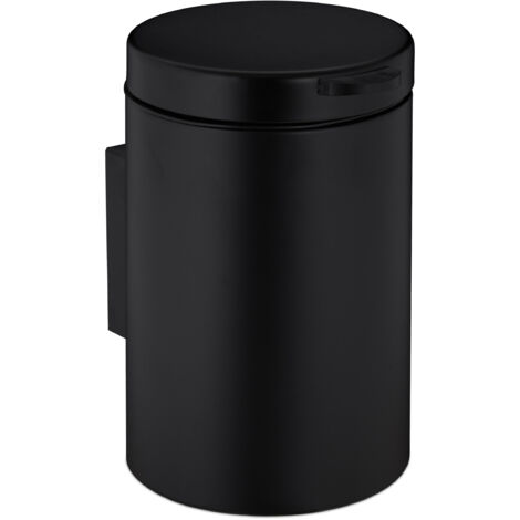 Relaxdays Wall Mounted Bathroom Bin, 3 Litres, Drop-down Mechanism, Removable Inner Bucket, Cosmetic Waste Can, Black (1/5)