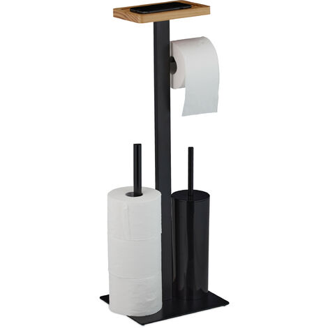 Relaxdays 3-1 WC Set, Toilet Paper Holder, Bathroom Brush and Holder, Phone Storage Tray, HxWxD: 73x25x20 cm, Matt Black
