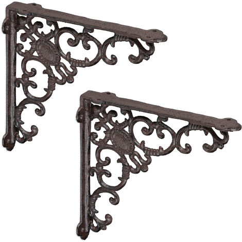 Relaxdays 2x Shelf Brackets, Cast Iron, Rack Support, Vintage Motif, HWD: 21.5 x 4 x 21.5 cm, Angle for Shelves, Brown