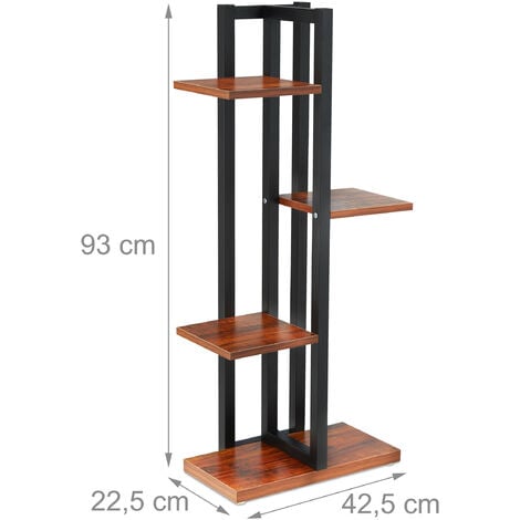 Relaxdays Metal Flower Stand, 4-Tier Indoor Pot Shelf Ladder, Wooden Look, 93 x 42.5 x 22.5 cm, Plant Rack, Dark Brown