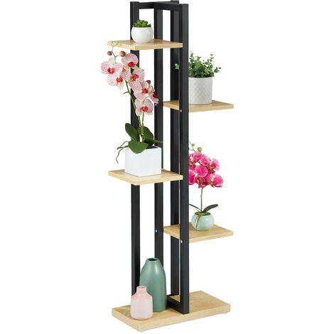Relaxdays Metal Flower Stand, 5-Tier Indoor Pot Shelf Ladder, Wooden Look, 117 x 43 x 22 cm, Plant Rack, Light Brown