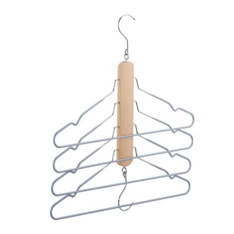 Relaxdays Multiple Hangers, Set of 5, 4 Shirt Hangers with Trouser Bar, Wood & Metal, Non-slip Hanger, Natural/Grey
