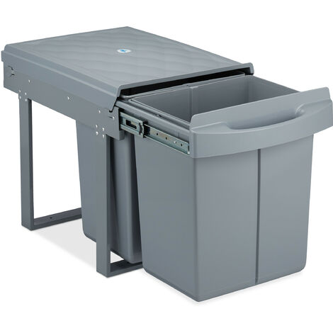 Relaxdays Built-in Waste Bin 2 Compartment 20 Volume each, Pull-out Disposal Unit, Recycling, HWD: 41 x 34 x 52 cm, Grey
