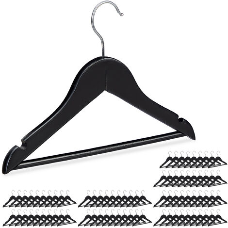 Set of 80 Relaxdays Wooden Kids’ Coat Hanger , Pants Holders for Boys & Girls, Swivel Hooks, Pants Rail & Notches, Black