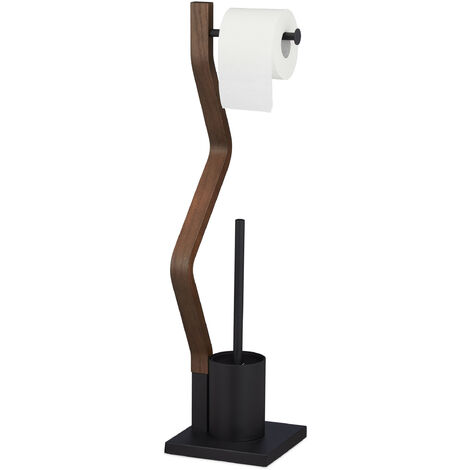 Relaxdays WC Set, Toilet Paper Holder, Upright Stand, Bathroom Brush and Holder, HWD: 75 x 18.5 x 18.5 cm, Black/Brown