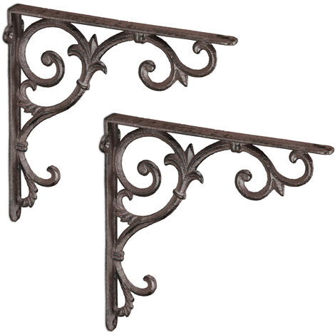 Relaxdays Set of 2 Shelf Brackets, Cast Iron, Rack Support, Vintage Motif, 24.5 x 4 x 24.5 cm, Angle for Shelves, Brown