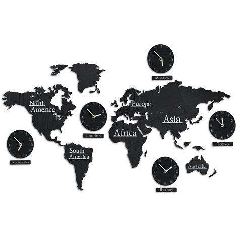 Relaxdays World Map with 5 Clocks, Wooden, Choose from 10 Different Cities, 3D Template Stencil, HxW: 61 x 113 cm, Black